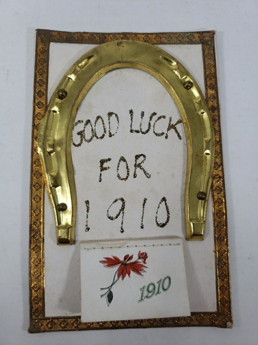 Postcard New Year Metal Horseshoe Calender Good Luck for 1910 Gold Edge Glitter
